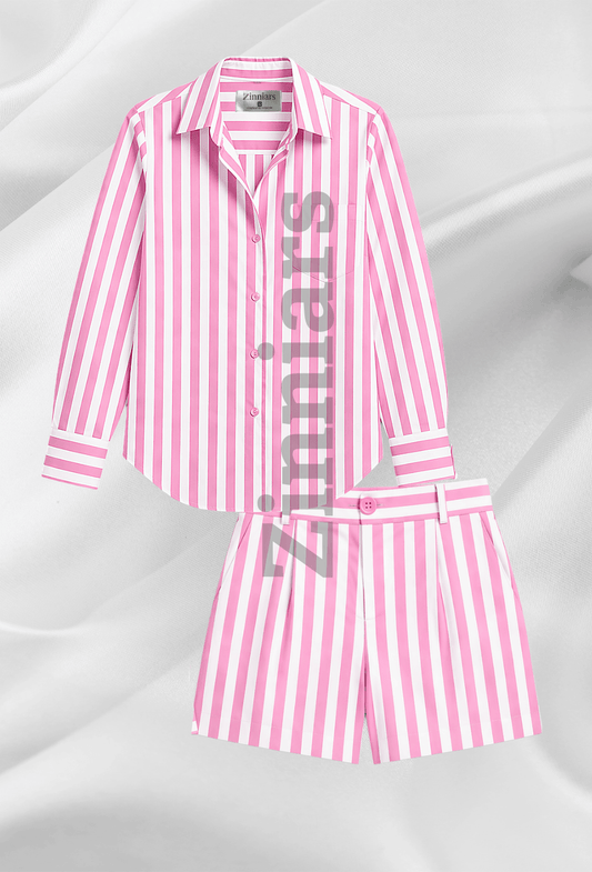 Zuri | Pink & White Striped Relaxed-Fit Shirt & Shorts Resort Set for Women