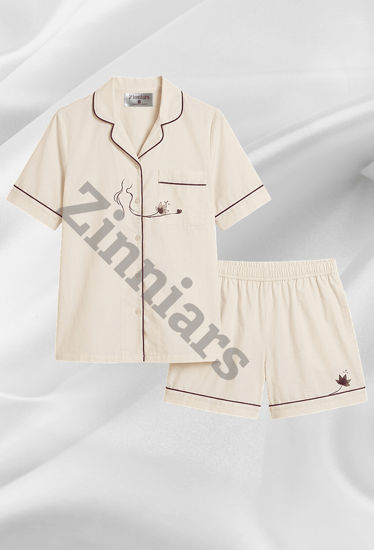 Mehar Love | Cotton Satin Co-ord Set – Hand-Painted Shirt & Shorts in Ivory