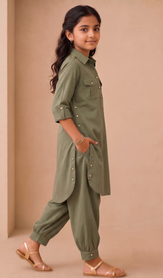 Renu Mini Olive Green Cotton Viscose Kurta & Dhoti Pant Co-ord Set for Girls