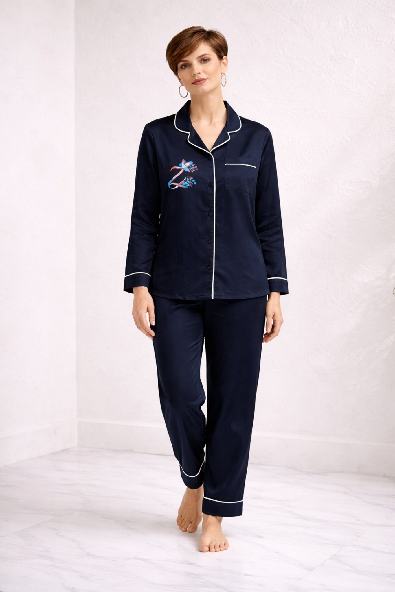 Zenith | Navy Blue Hand-Painted Cotton Satin Boardroom-to-Bed Co-ord Set