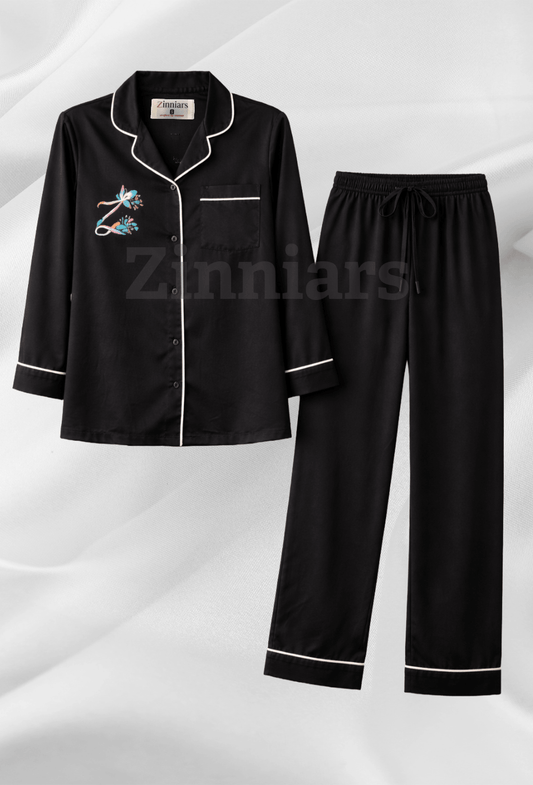 Zenith | Majestic Black Hand-Painted Cotton Satin Boardroom-to-Bed Co-ord Set