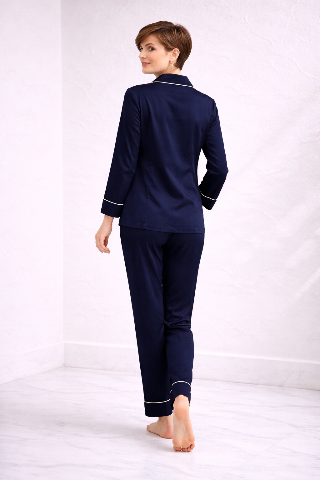 Zenith | Navy Blue Hand-Painted Cotton Satin Boardroom-to-Bed Co-ord Set
