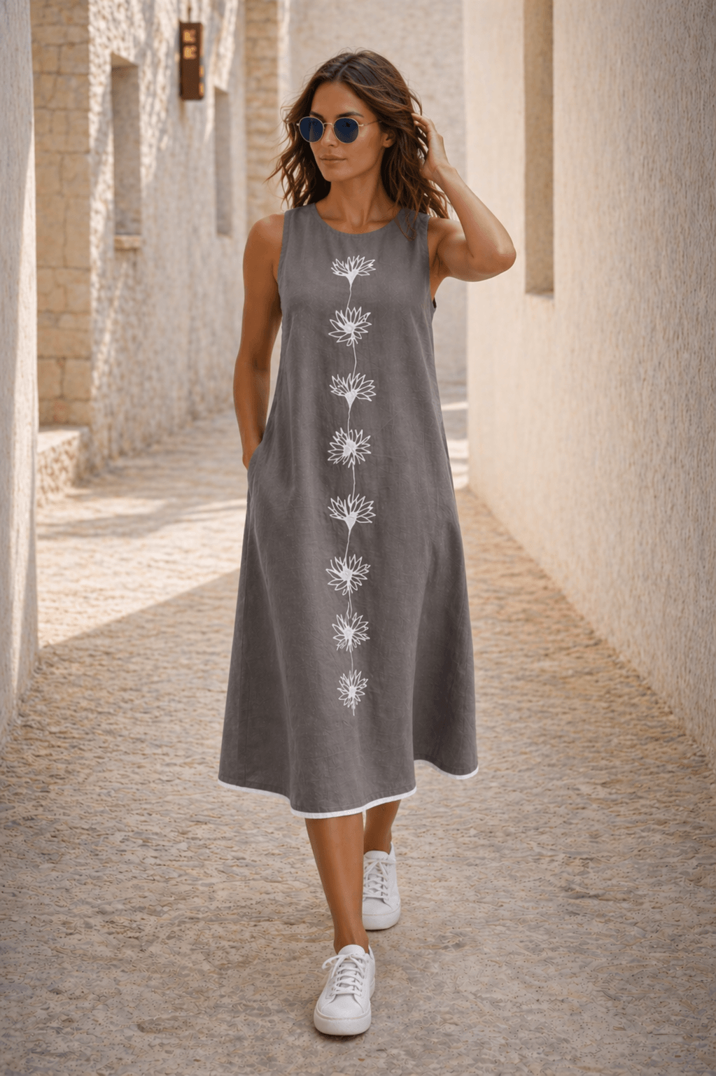 Naira | Cotton Linen A-Line Midi Dress in Earthy Grey with Hand Embroidered Motifs