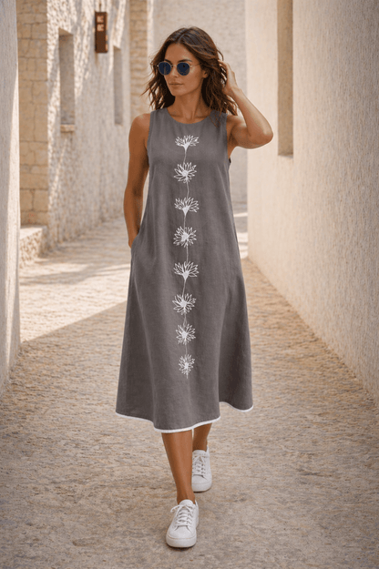 Naira | Cotton Linen A-Line Midi Dress in Earthy Grey with Hand Embroidered Motifs