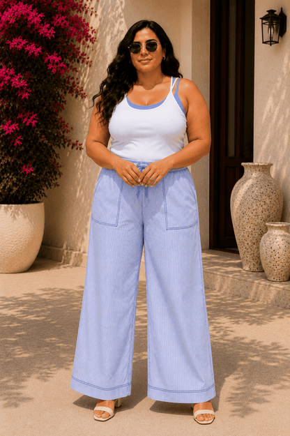 Riviera Cotton Blend Blue Stripe Seersucker Wide-Leg Pajama Pants
