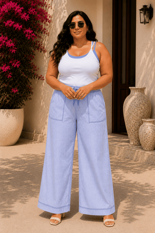 Riviera Cotton Blend Blue Stripe Seersucker Wide-Leg Pajama Pants