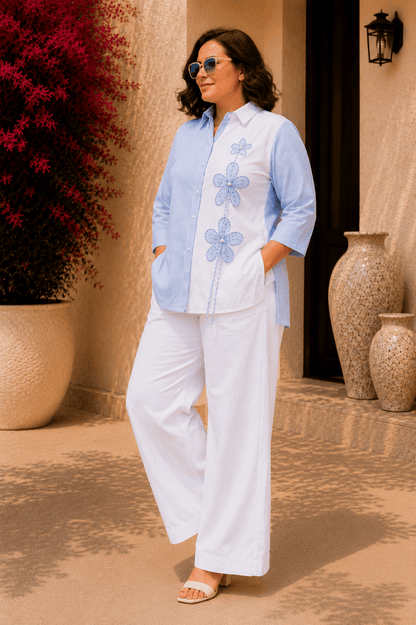 Tisca Plus Seersucker Shirt with Riviera Wide Leg Pants Co-ord Set