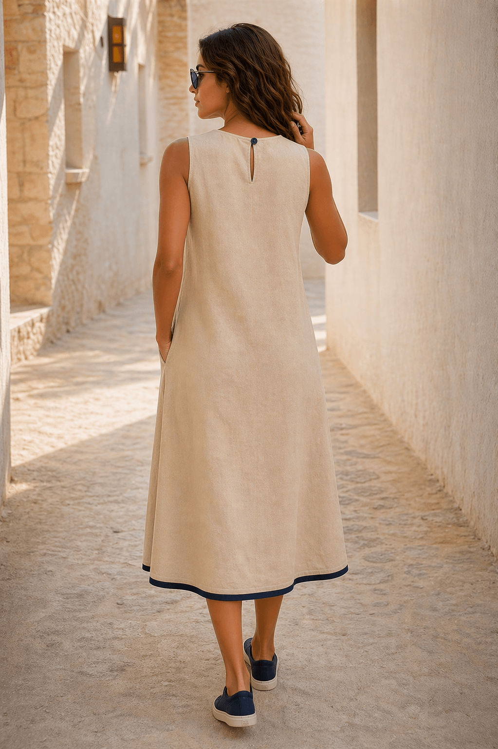 Naira | Cotton Linen A-Line Midi Dress in Warm Beige with Hand Embroidered Motifs