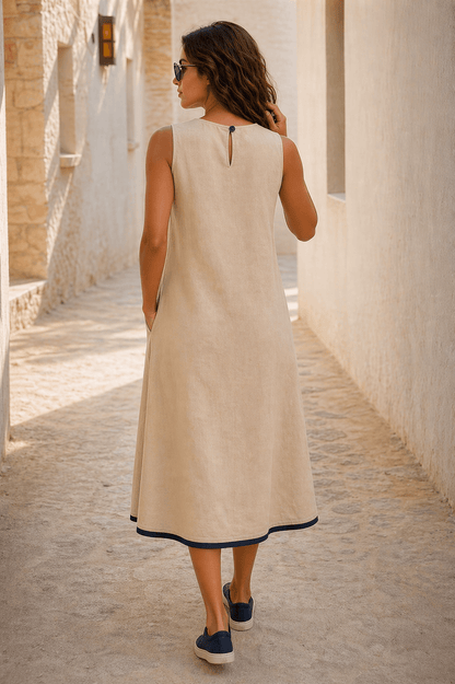 Naira | Cotton Linen A-Line Midi Dress in Warm Beige with Hand Embroidered Motifs