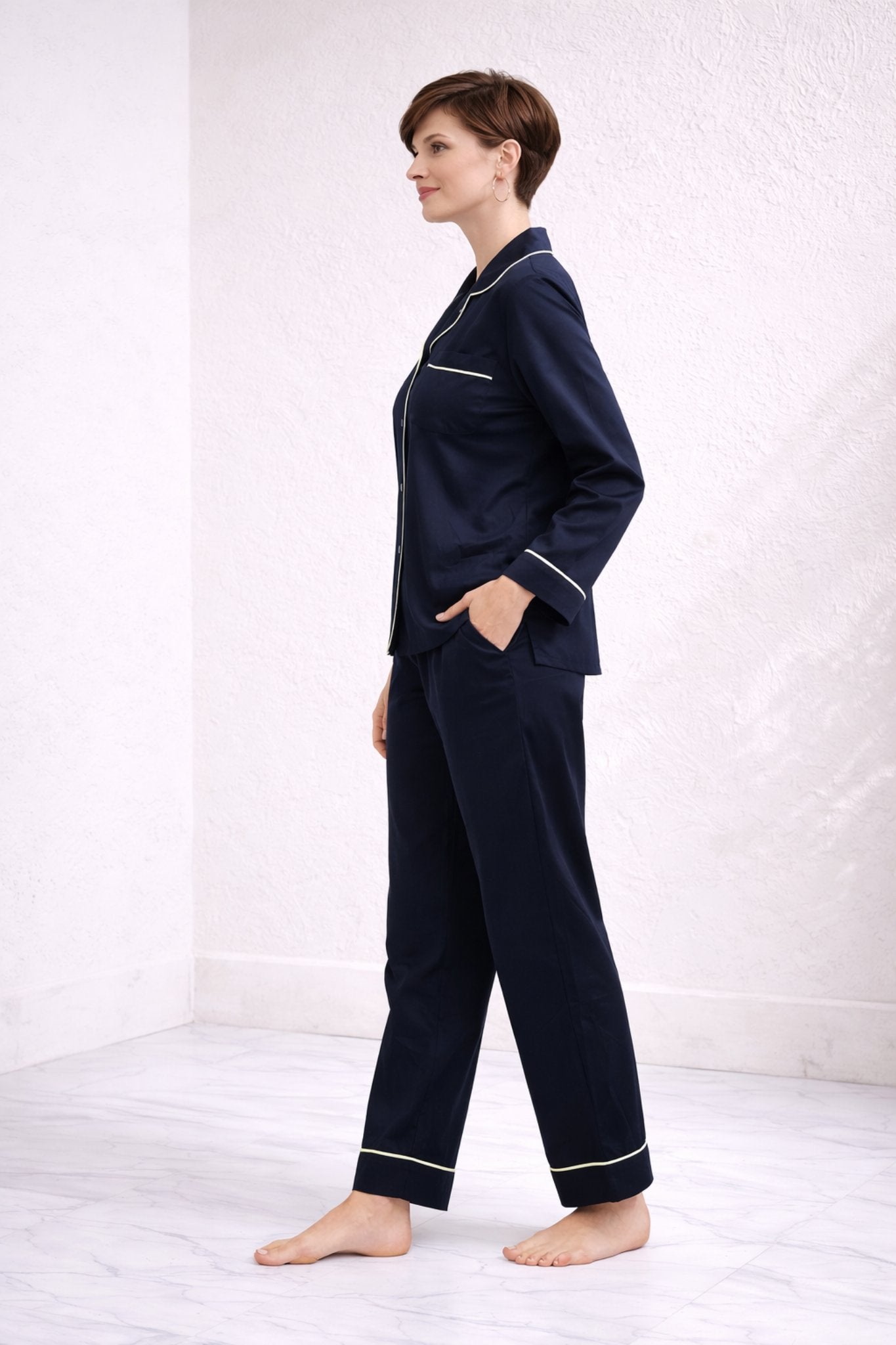 Zenith | Navy Blue Hand-Painted Cotton Satin Boardroom-to-Bed Co-ord Set