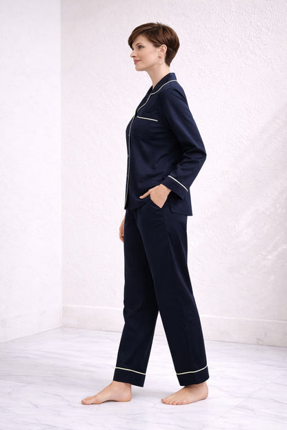 Zenith | Navy Blue Hand-Painted Cotton Satin Boardroom-to-Bed Co-ord Set