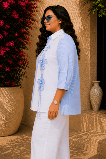 Tisca Cotton Blue Stripe Seersucker Floral Appliqué Shirt