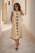 Naira | Cotton Linen A-Line Midi Dress in Warm Beige with Hand Embroidered Motifs