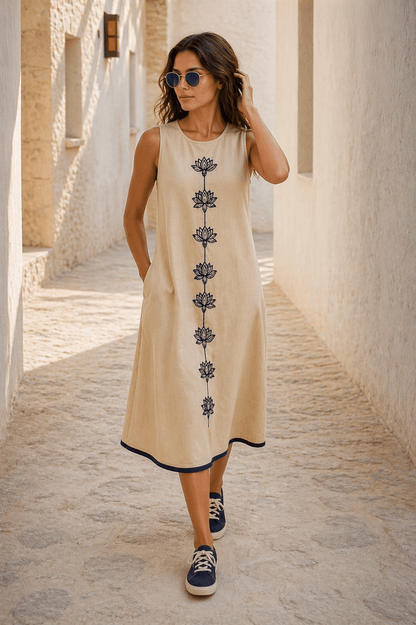 Naira | Cotton Linen A-Line Midi Dress in Warm Beige with Hand Embroidered Motifs