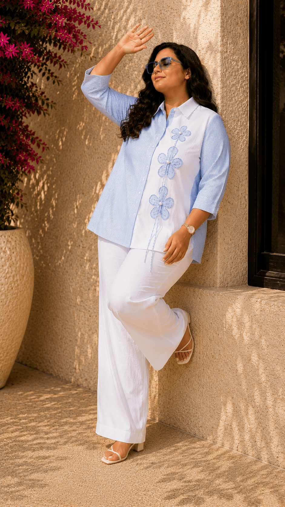 Tisca Cotton Blue Stripe Seersucker Floral Appliqué Shirt