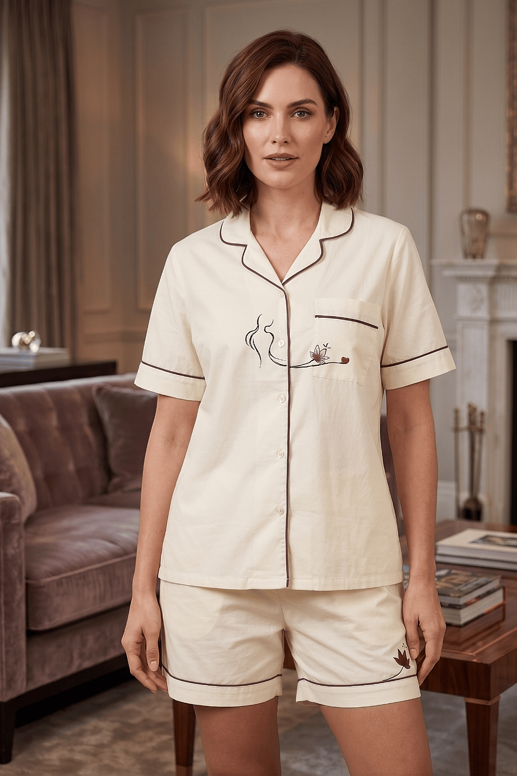 Mehar Love | Cotton Satin Co-ord Set – Hand-Painted Shirt & Shorts in Ivory