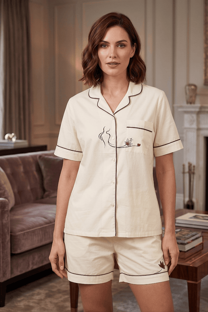 Mehar Love | Cotton Satin Co-ord Set – Hand-Painted Shirt & Shorts in Ivory