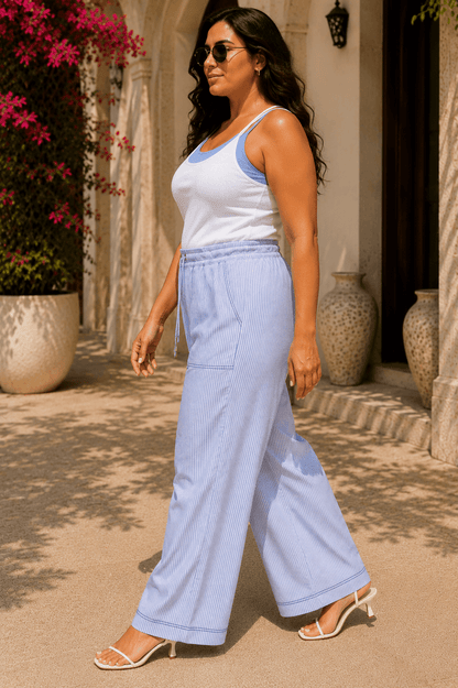 Riviera Cotton Blend Blue Stripe Seersucker Wide-Leg Pajama Pants