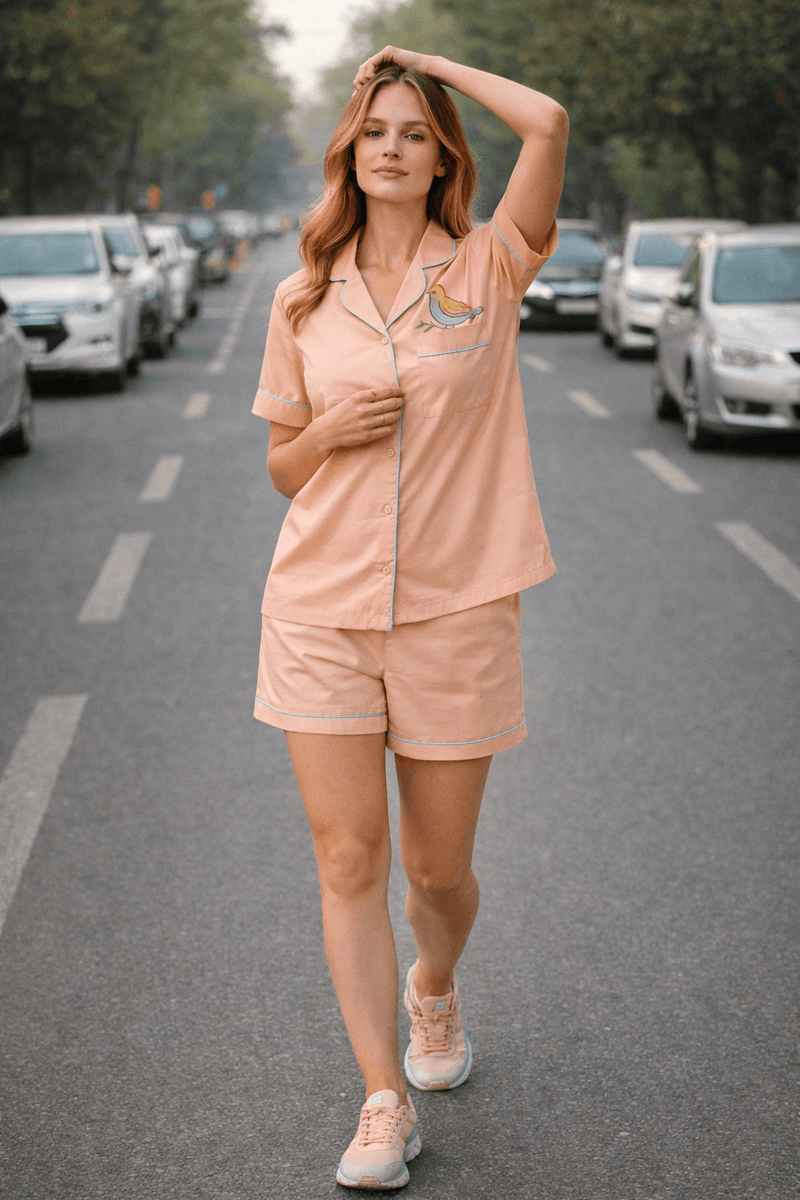 Mehar Birdie | Cotton Satin Co-ord Set – Hand-Painted Sparrow Shirt & Shorts in Peach