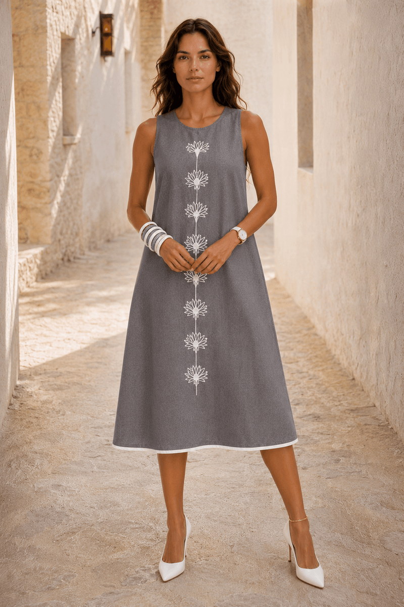 Naira | Cotton Linen A-Line Midi Dress in Earthy Grey with Hand Embroidered Motifs