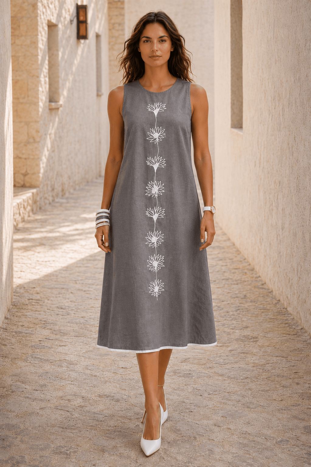 Naira | Cotton Linen A-Line Midi Dress in Earthy Grey with Hand Embroidered Motifs