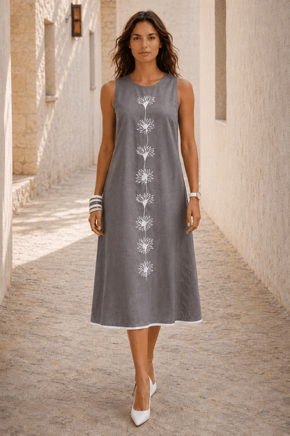 Naira | Cotton Linen A-Line Midi Dress in Earthy Grey with Hand Embroidered Motifs