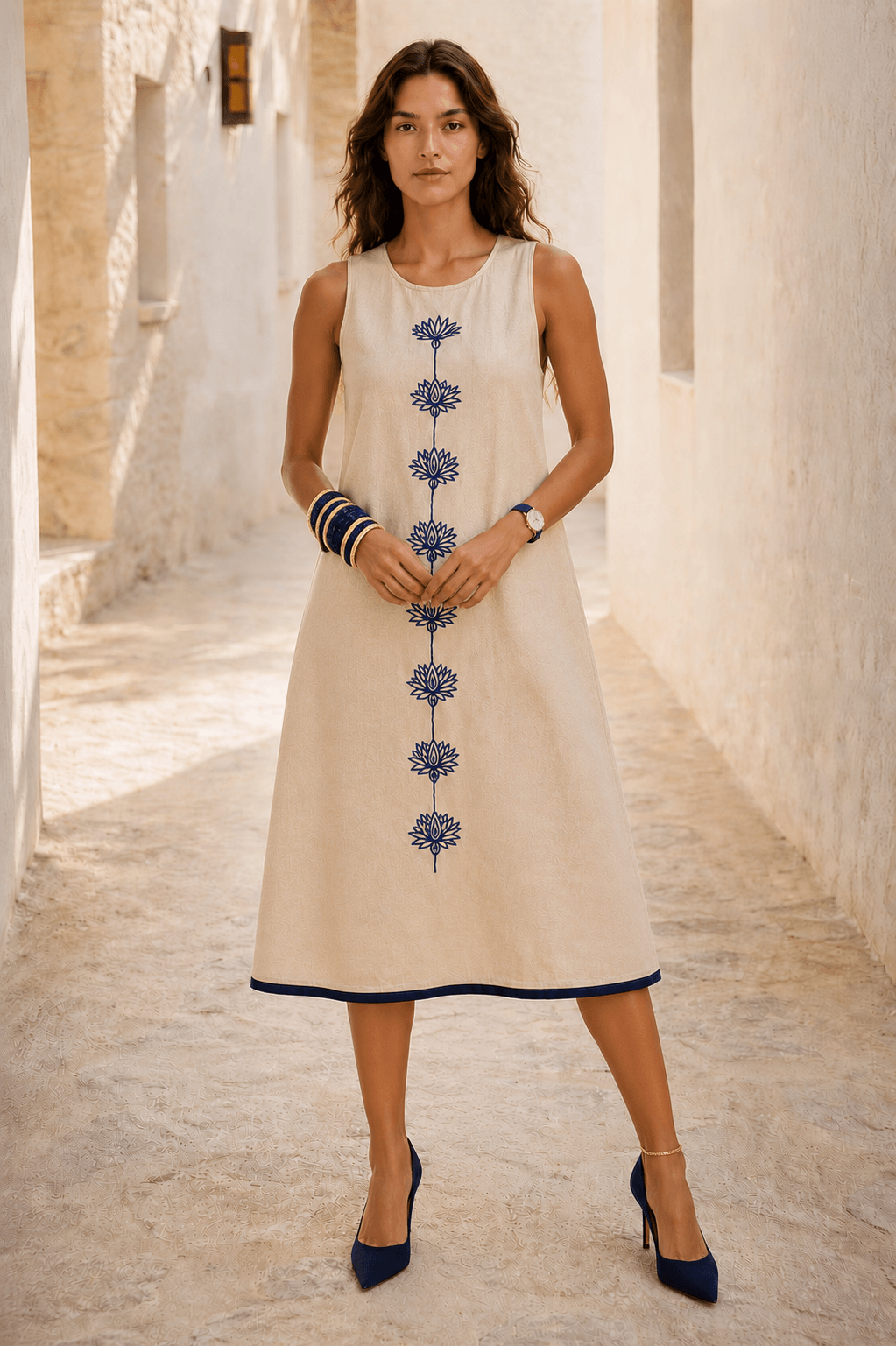 Naira | Cotton Linen A-Line Midi Dress in Warm Beige with Hand Embroidered Motifs