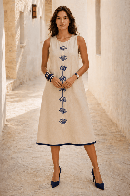 Naira | Cotton Linen A-Line Midi Dress in Warm Beige with Hand Embroidered Motifs