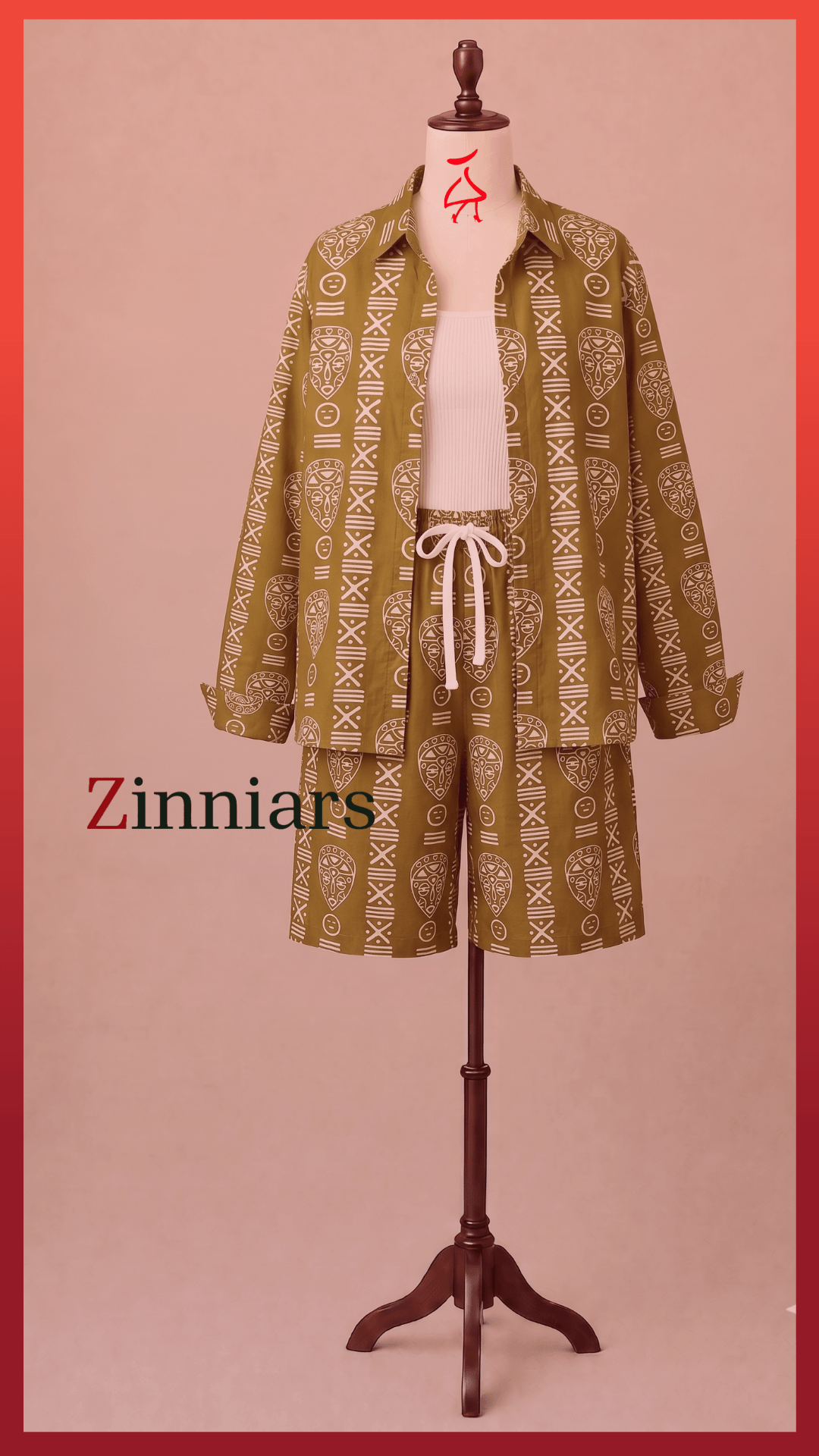 Bashii Printed Cotton Co-ord Set with Full Sleeve Shirt & Knee-Length Shorts Olive