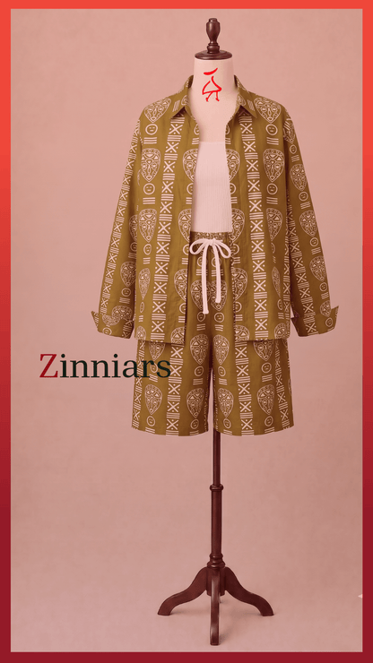 Bashii Printed Cotton Co-ord Set with Full Sleeve Shirt & Knee-Length Shorts Olive