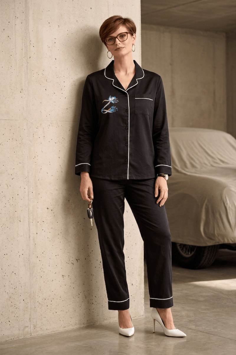 Zenith | Majestic Black Hand-Painted Cotton Satin Boardroom-to-Bed Co-ord Set
