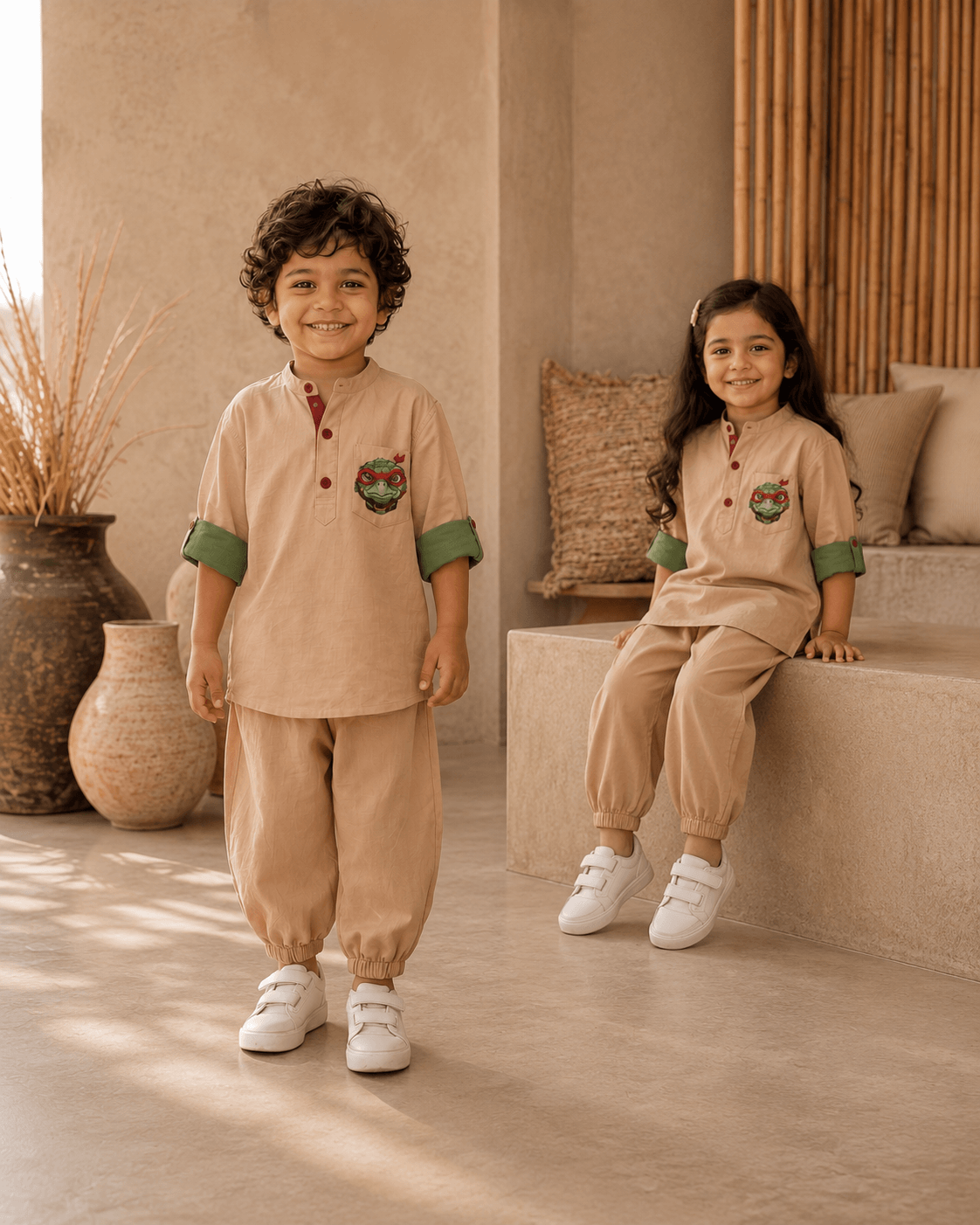 Zinniars Mini – Turtle Contrast Roll-Sleeve Tunic Set