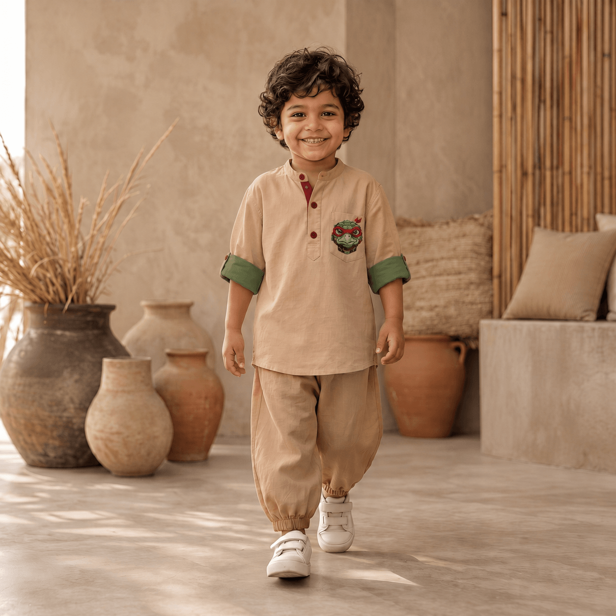Zinniars Mini – Turtle Contrast Roll-Sleeve Tunic Set