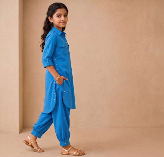 Renu Mini  Cobalt Blue Cotton Viscose Kurta & Dhoti Pant Co-ord Set for Girls