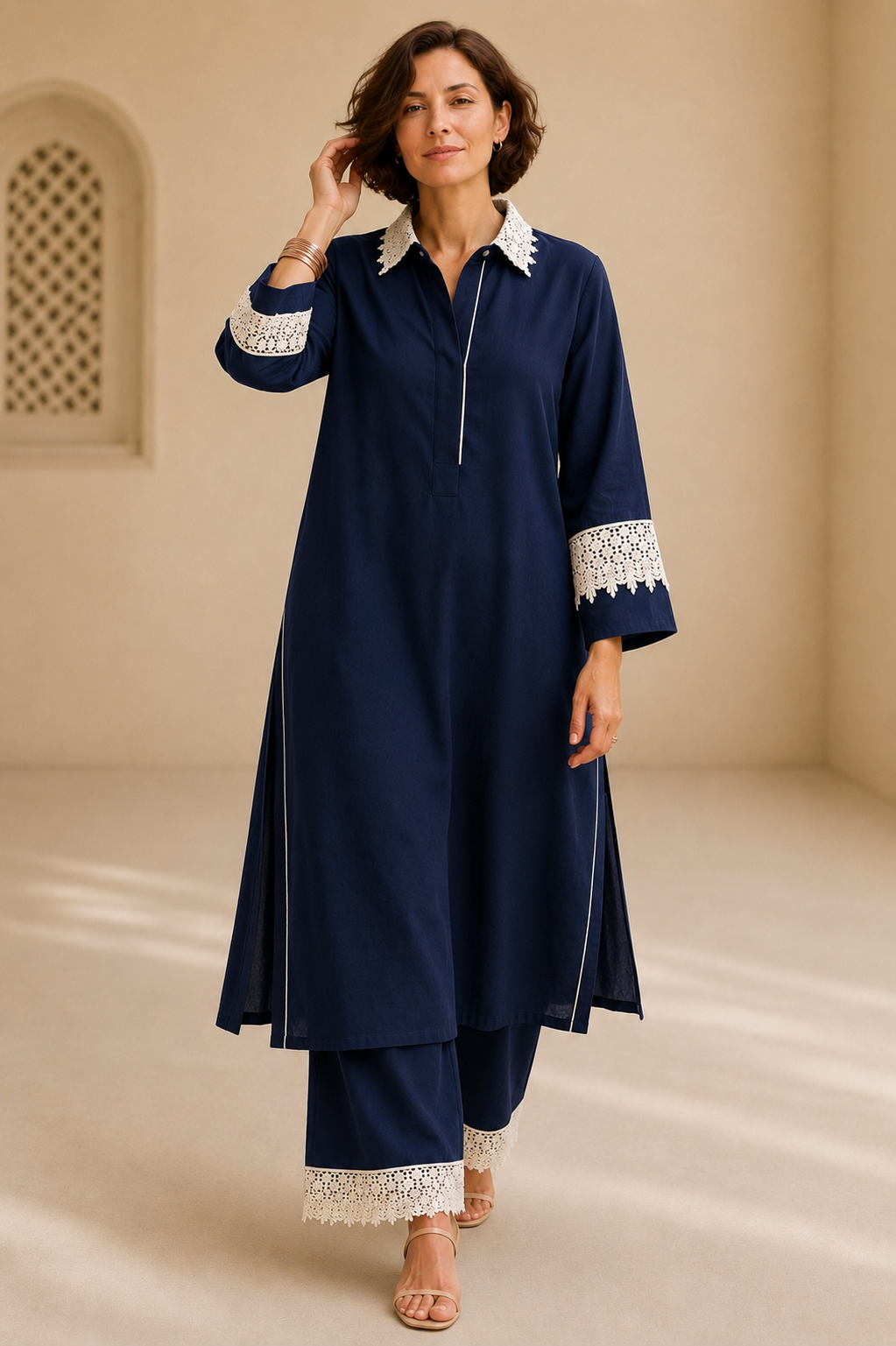 Bubby Women's Cotton Viscose Indo World Ensemble with Designer Ivory Lace