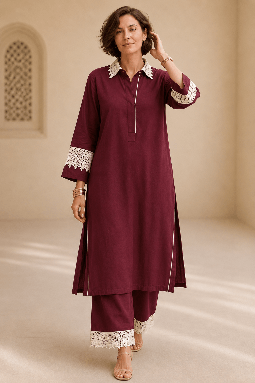 Bubby Women's Cotton Viscose Indo World Ensemble with Designer Ivory Lace