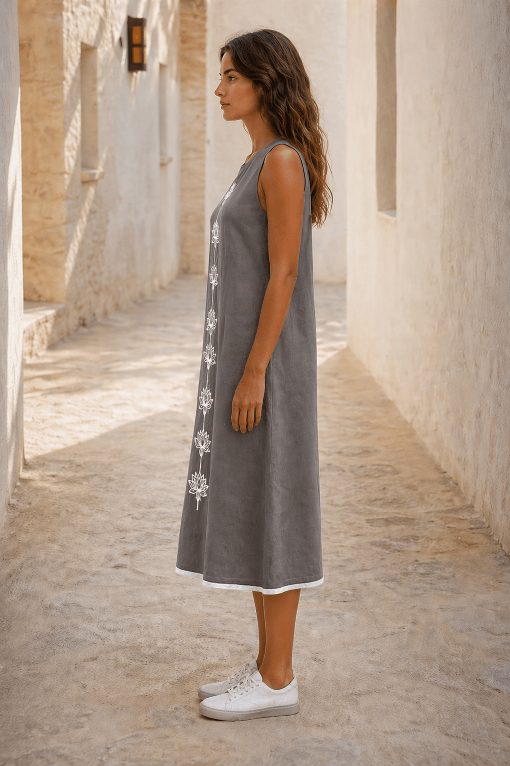 Naira | Cotton Linen A-Line Midi Dress in Earthy Grey with Hand Embroidered Motifs