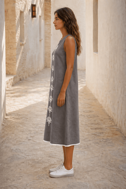 Naira | Cotton Linen A-Line Midi Dress in Earthy Grey with Hand Embroidered Motifs