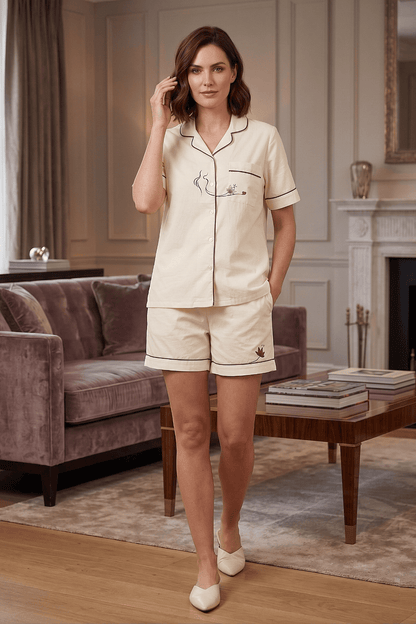 Mehar Love | Cotton Satin Co-ord Set – Hand-Painted Shirt & Shorts in Ivory