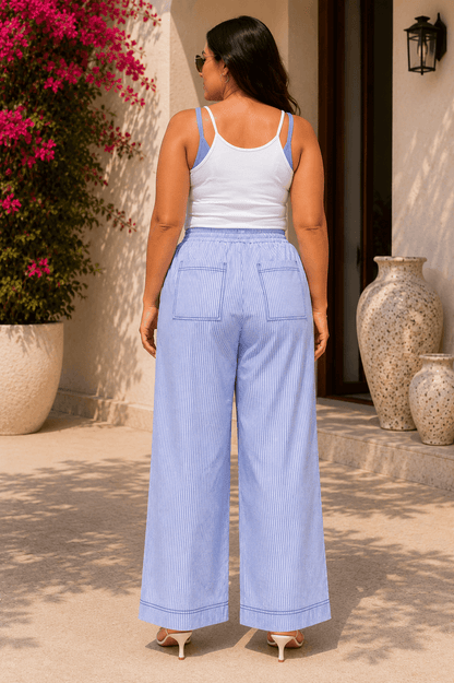 Riviera Cotton Blend Blue Stripe Seersucker Wide-Leg Pajama Pants