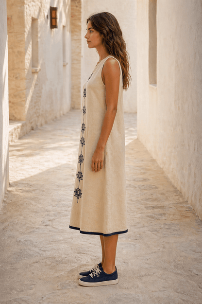 Naira | Cotton Linen A-Line Midi Dress in Warm Beige with Hand Embroidered Motifs