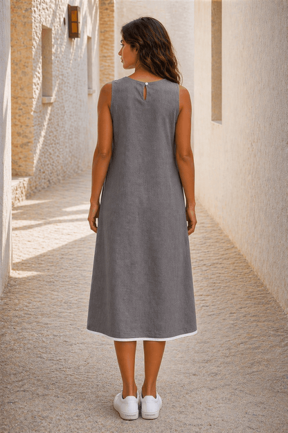 Naira | Cotton Linen A-Line Midi Dress in Earthy Grey with Hand Embroidered Motifs