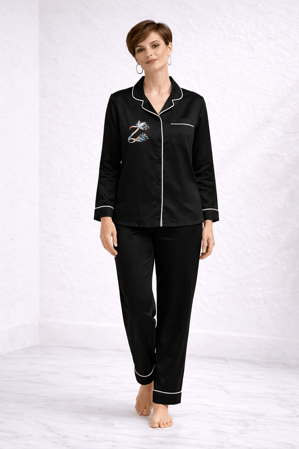 Zenith | Majestic Black Hand-Painted Cotton Satin Boardroom-to-Bed Co-ord Set