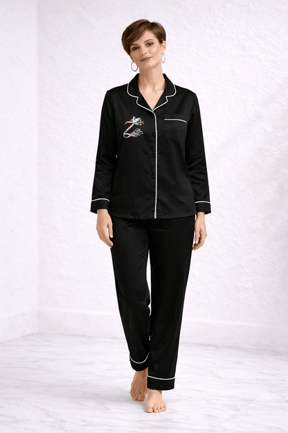 Zenith | Majestic Black Hand-Painted Cotton Satin Boardroom-to-Bed Co-ord Set
