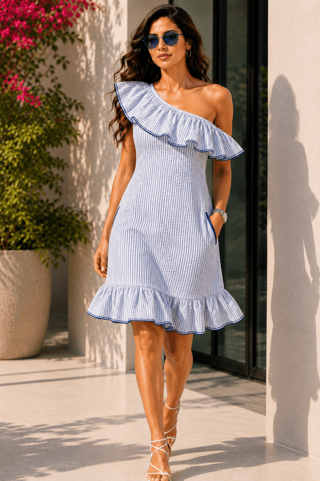 Scala One-Shoulder Cotton blended  Blue Stripe  Seersucker Dress