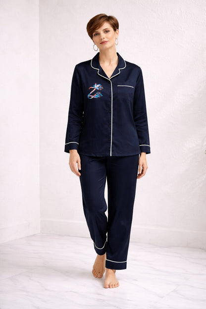 Zenith | Navy Blue Hand-Painted Cotton Satin Boardroom-to-Bed Co-ord Set
