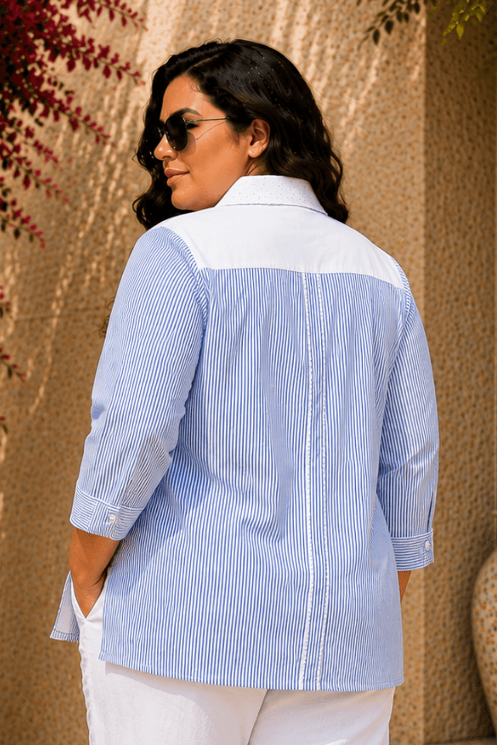Tisca Cotton Blue Stripe Seersucker Floral Appliqué Shirt