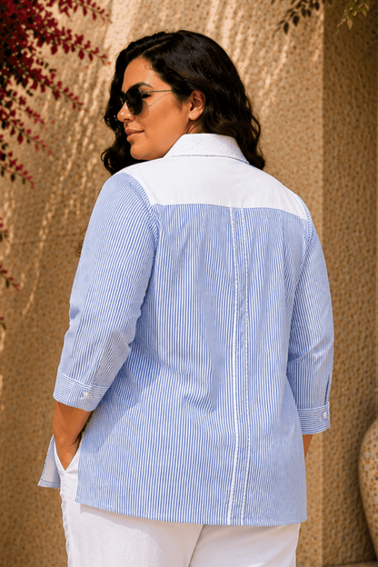 Tisca Cotton Blue Stripe Seersucker Floral Appliqué Shirt