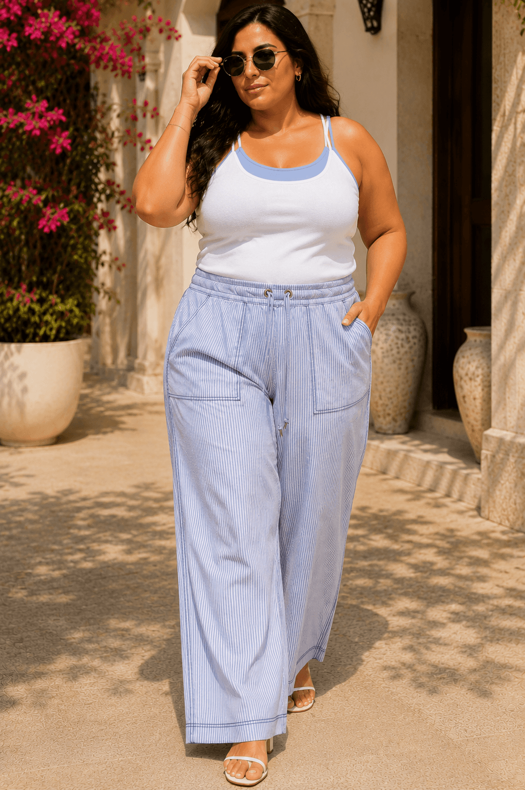 Riviera Cotton Blend Blue Stripe Seersucker Wide-Leg Pajama Pants