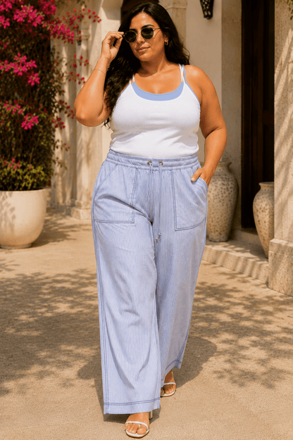 Riviera Cotton Blend Blue Stripe Seersucker Wide-Leg Pajama Pants